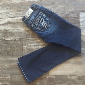 MISS ME "slim bootcut" medium wash denim jeans sz27x34L distressing & bling TALL